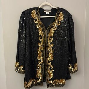 Midnight Run Vintage Silk Top Sequin Beaded Black Gold Elegant Blouse size 1X